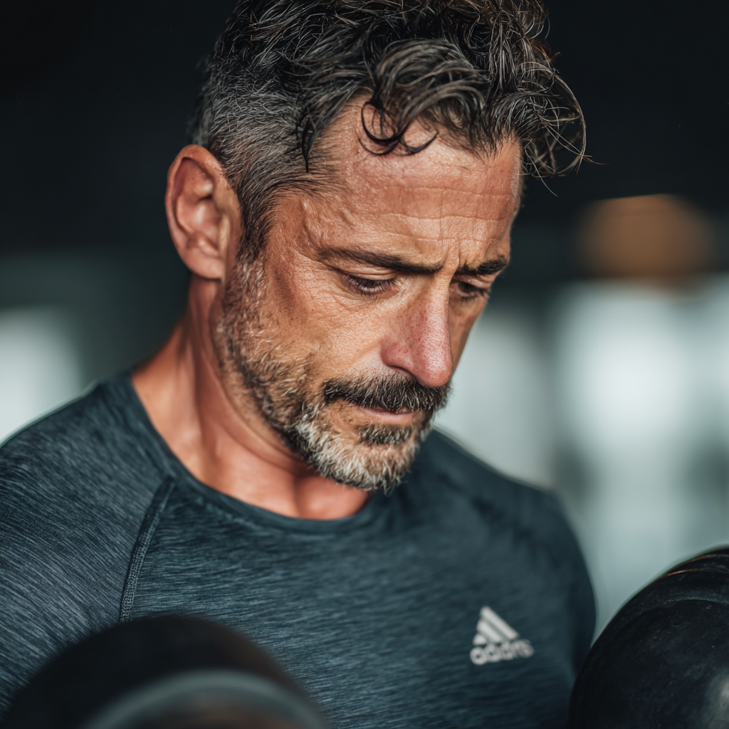 Focused man in his mid-40s with graying temples wearing a dark athletic shirt, performing strength training with dumbbells in a modern gym, demonstrating proper form and dedication to his fitness routine