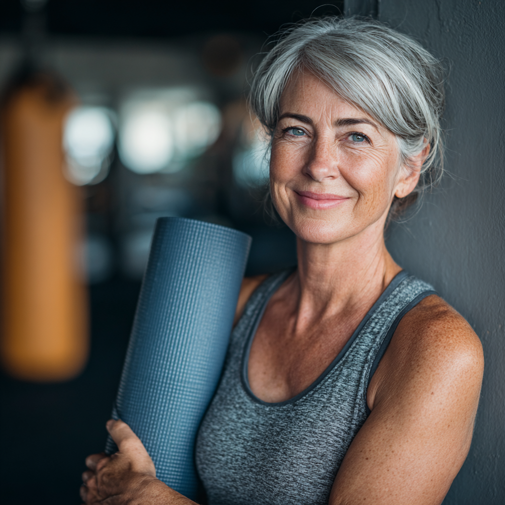 Smiling mature woman in her early 50s with short gray hair wearing athletic clothing, holding a yoga mat in a bright fitness studio, expressing confidence and vitality after completing her workout session
